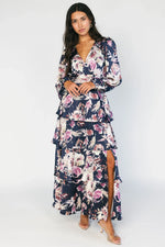Montrouge Tiered Satin Dress | Navy + Lilac Floral