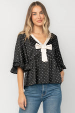 Carrie Bow Front Top | Black + Ivory Dot