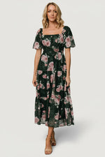 Annabeth Midi Dress | Dark Green + Pink