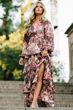 Montrouge Tiered Satin Dress | Clove + Mauve Floral
