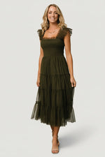 Emma Smocked Tulle Dress | Dark Olive