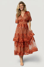 Lotte Embroidered Midi Dress | Rust