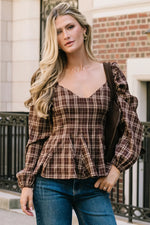 Sutton Peplum Top | Brown Plaid Print