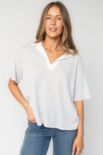 Billie Open Collar Top | Light Blue + White