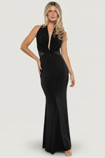 Roma Deep V Halter Gown | Black