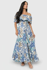 Valentina Off Shoulder Maxi Dress | Cream + Blue Multi