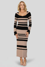 Marika Ribbed Dress | Camel + Black Stripe