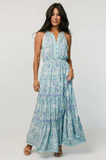Meline Button Front Maxi Dress | Light Blue Multi