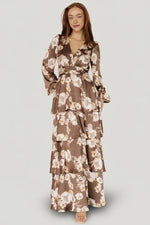 Montrouge Tiered Satin Dress | Mocha Floral