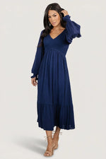 Lainey Smocked Dotted Midi Dress | Midnight Blue