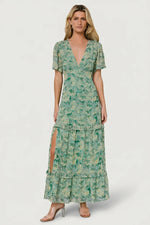 Audrey Deep V Maxi Dress | Green Floral