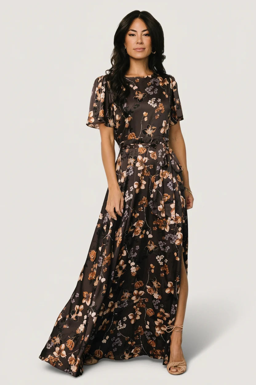 Agnes Satin Maxi Dress | Brown Floral