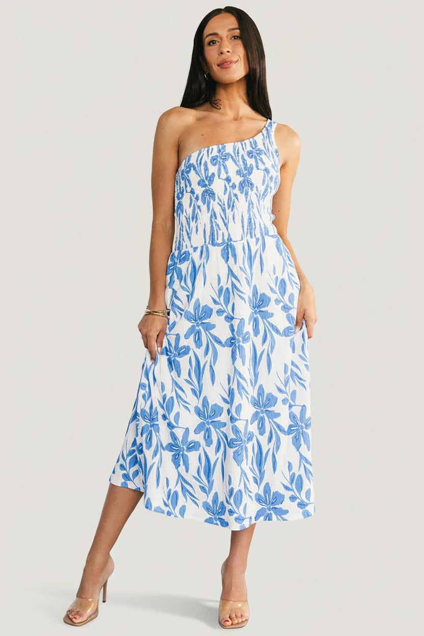 Brisa One Shoulder Midi Dress | White + Blue