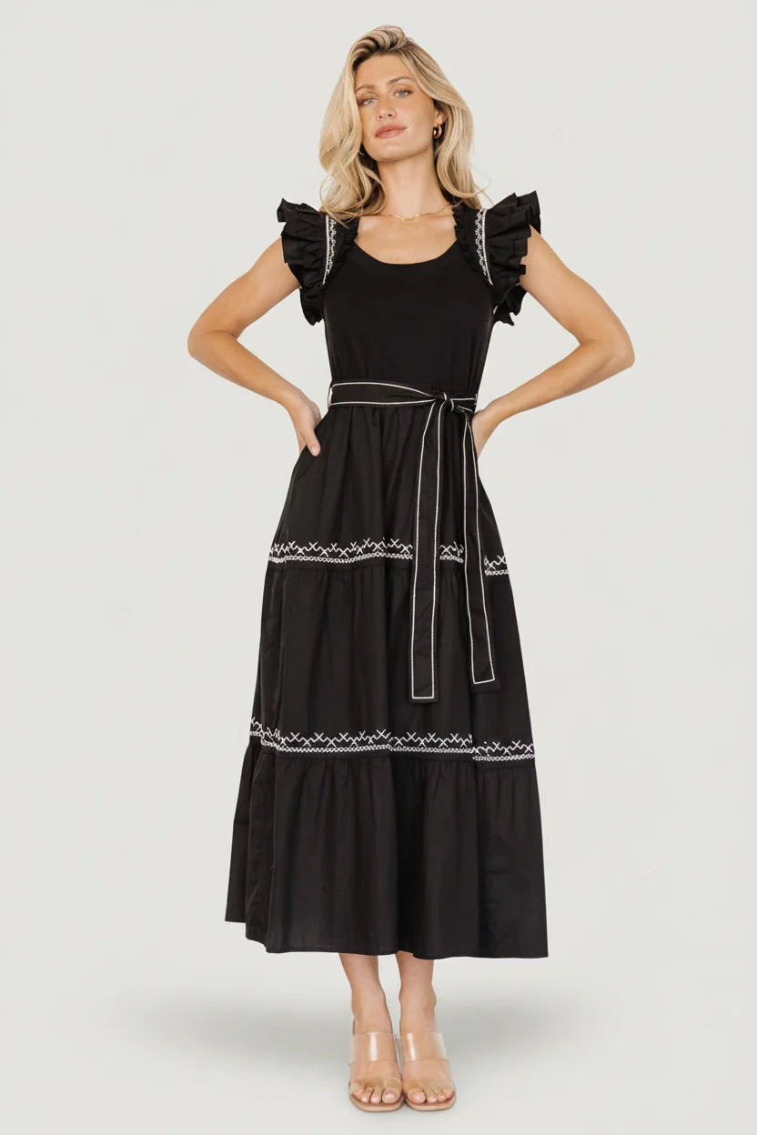 Elisa Embroidered Midi Dress | Black