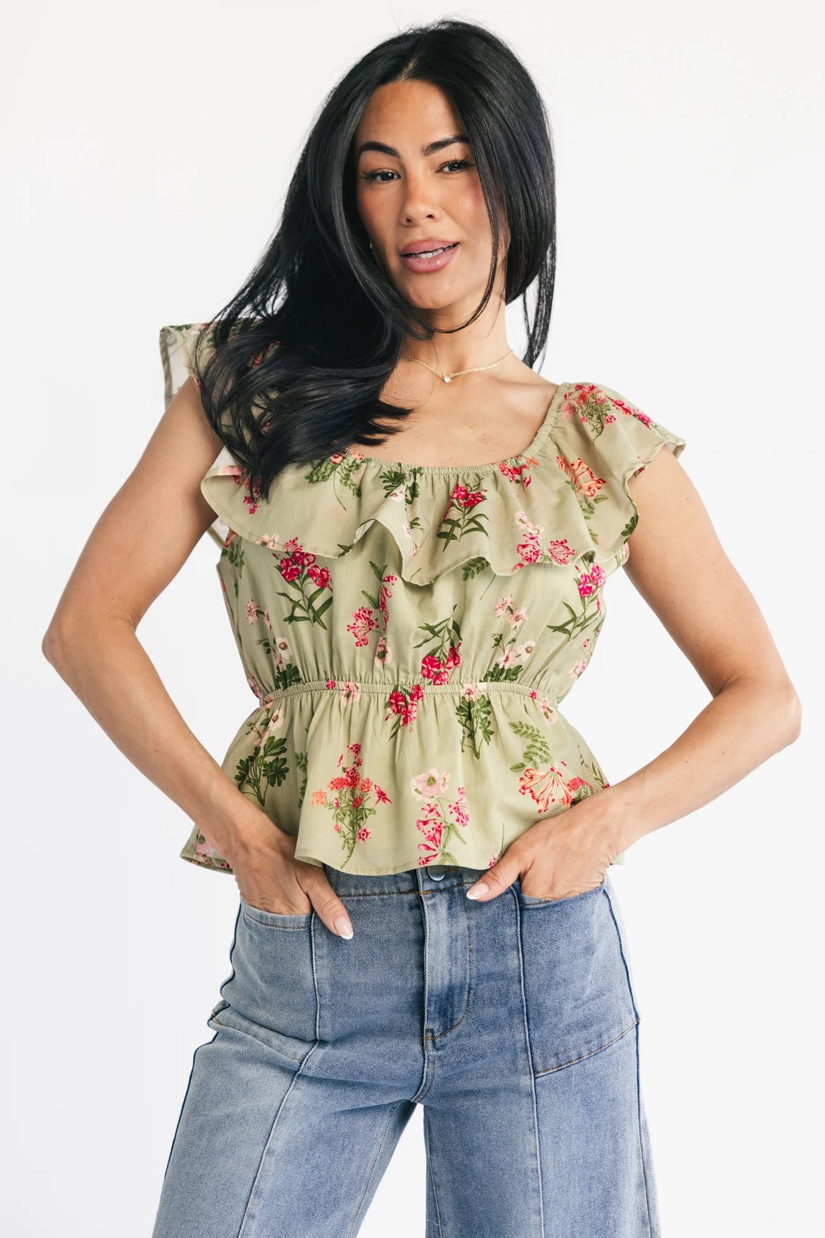 Lissie Peplum Top | Green + Pink Floral
