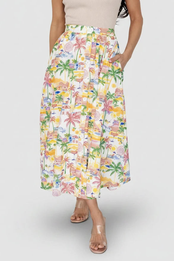 Gigi Button Midi Skirt | Off White + Multi Print