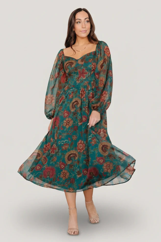 Babette Basque Waist Dress | Teal Multi Floral