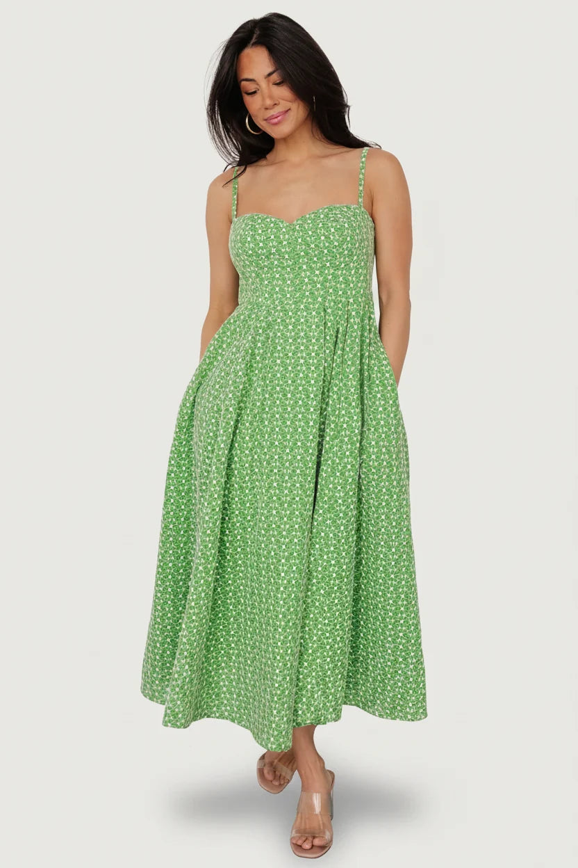 Gracelyn Embroidered Sweetheart Dress | Green Floral