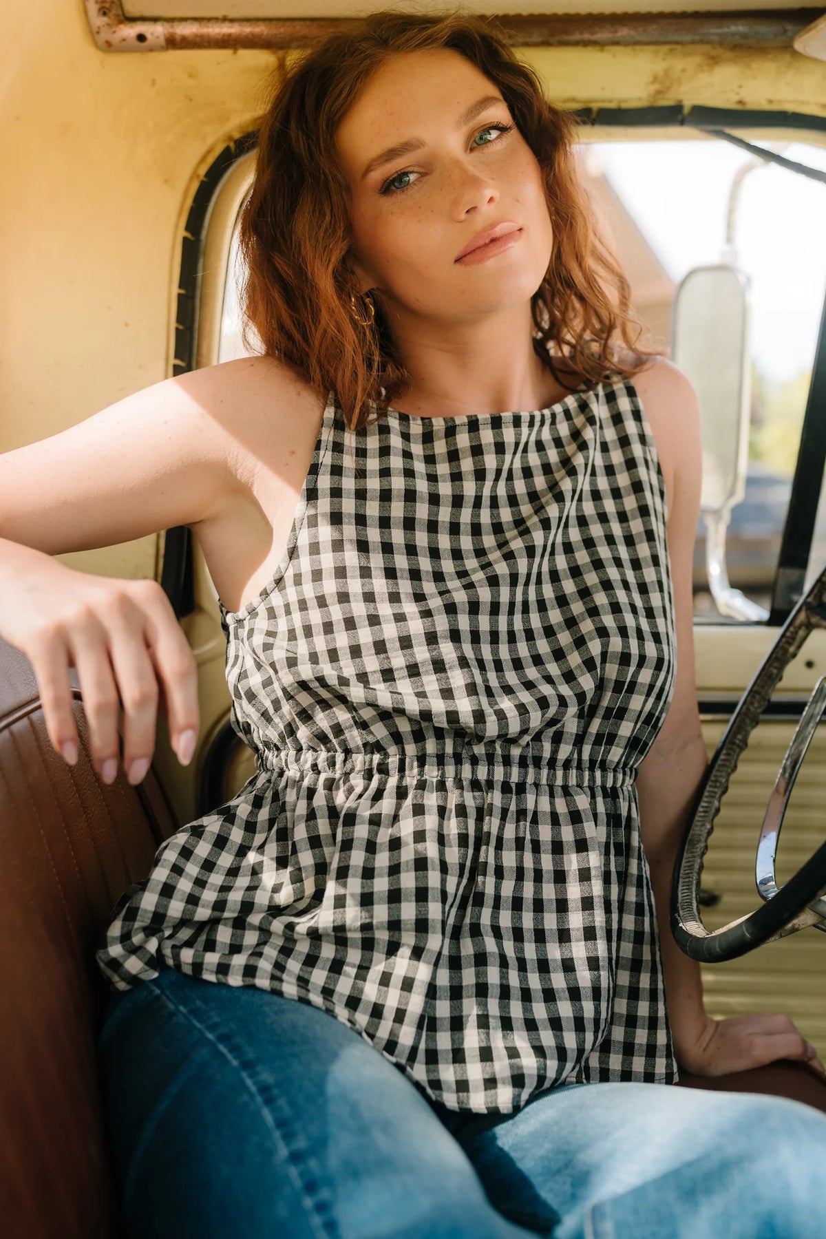 Lane Gingham Peplum Top | Black + Off White