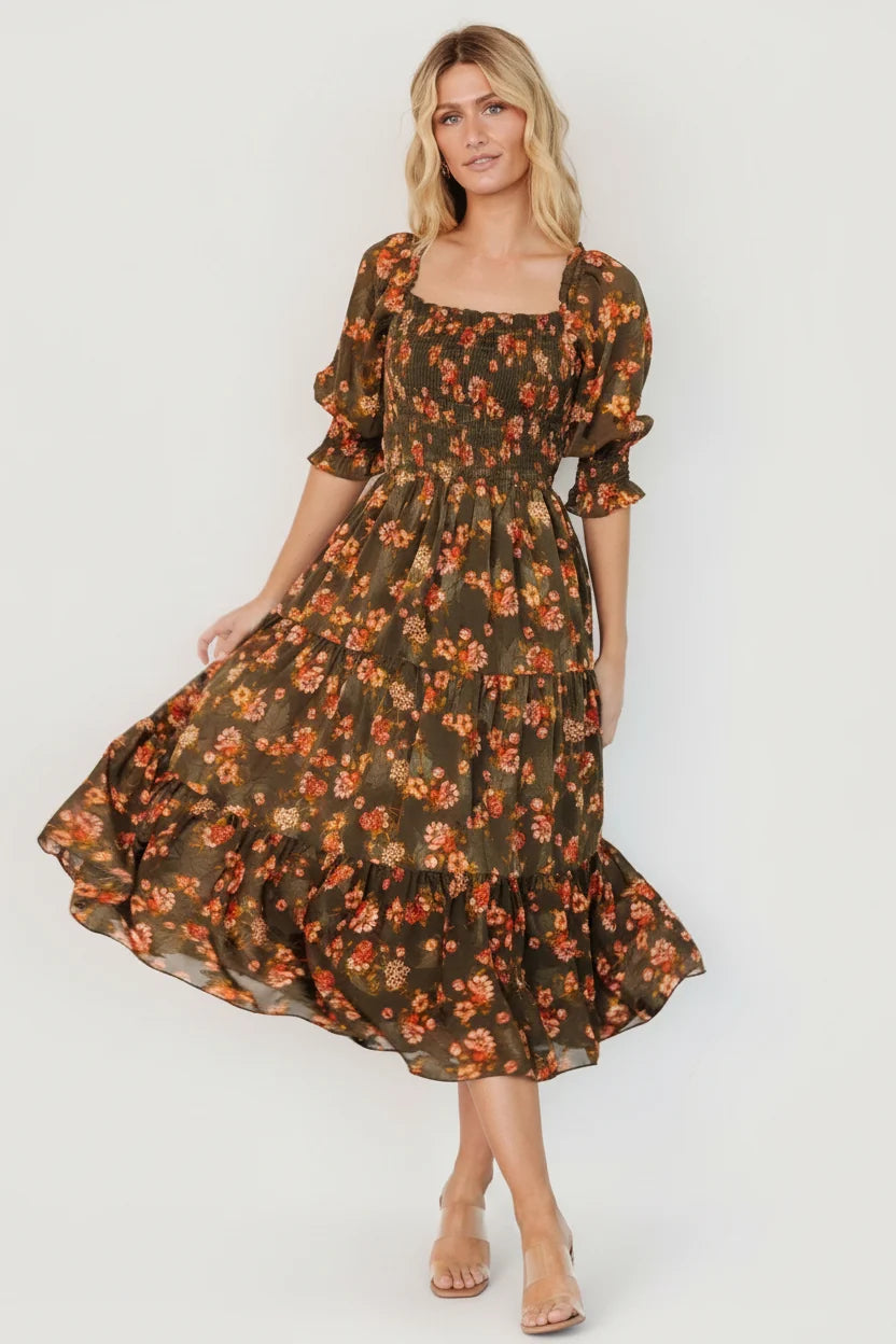 Fabian Jacquard Midi Dress | Olive Floral