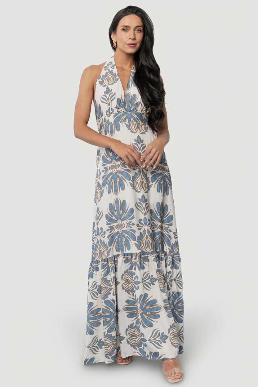 Estrella Halter Maxi Dress | Navy + Tan