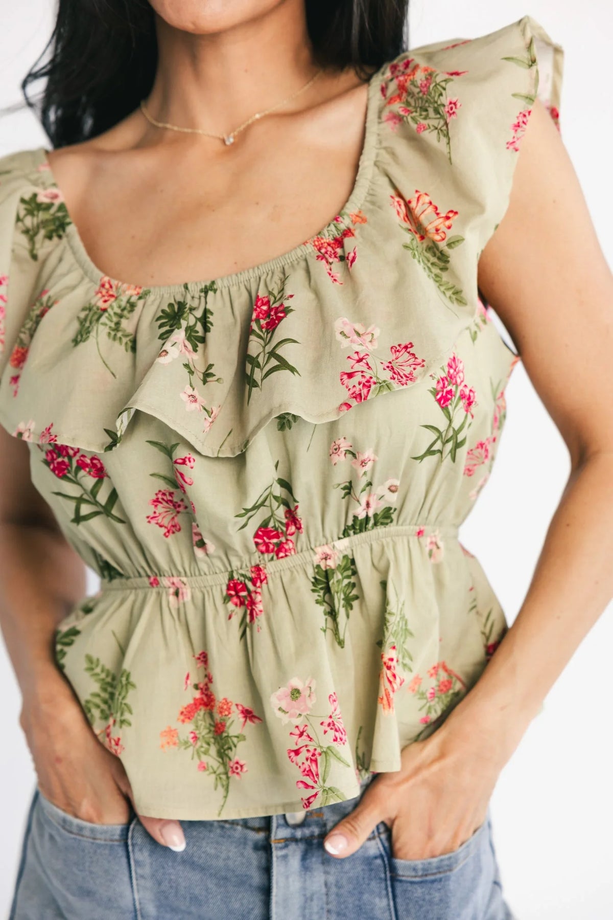 Lissie Peplum Top | Green + Pink Floral