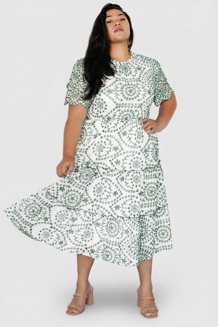 Mirabel Eyelet Midi Dress | White + Green