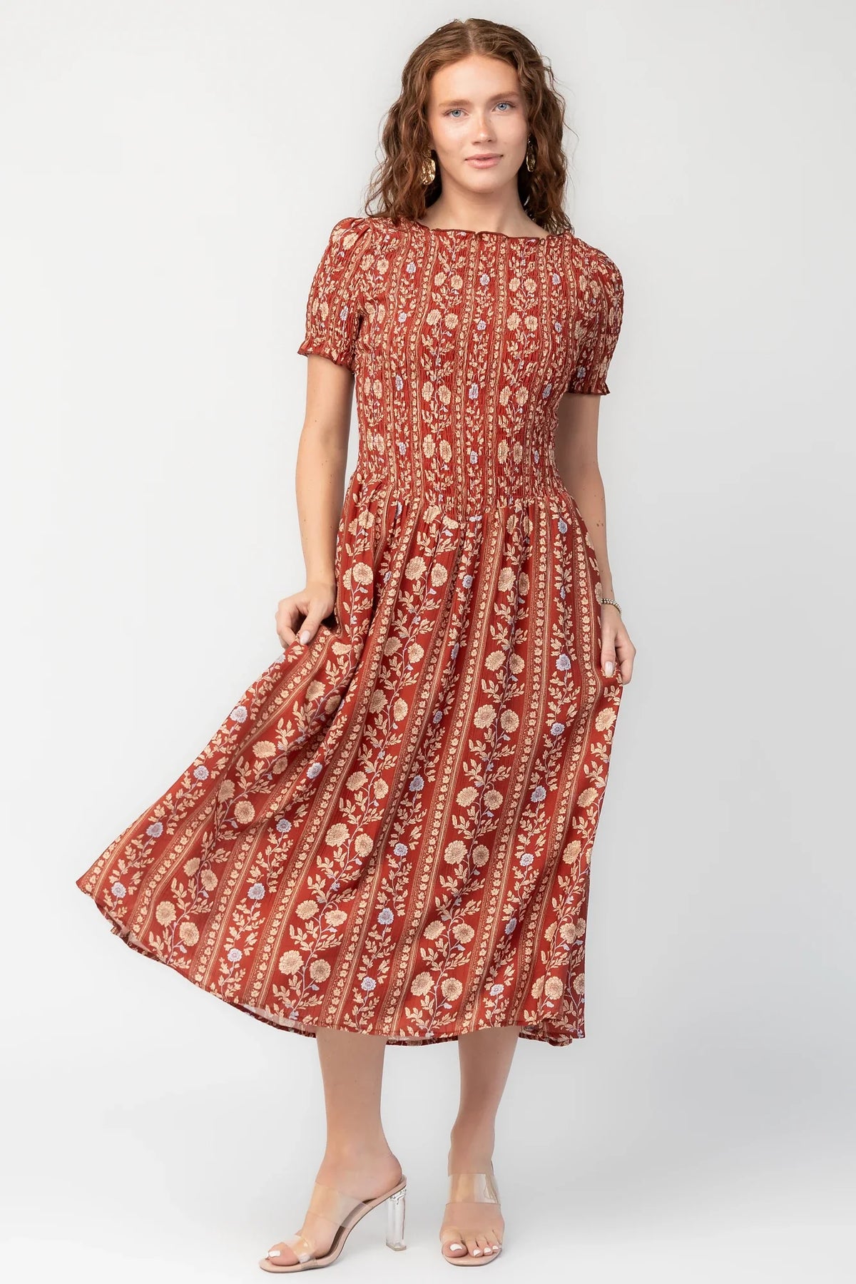 Rhonda Smocked Midi Dress | Rust Print