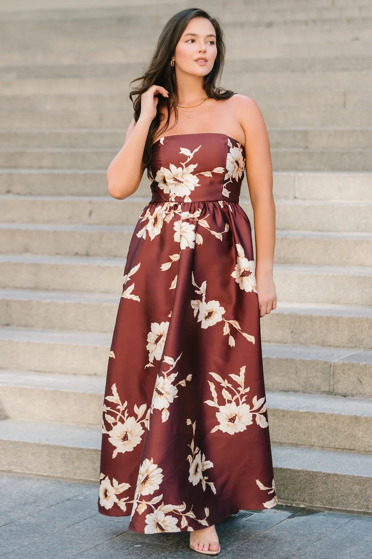 Rosette Strapless Maxi Gown | Mahogany Floral