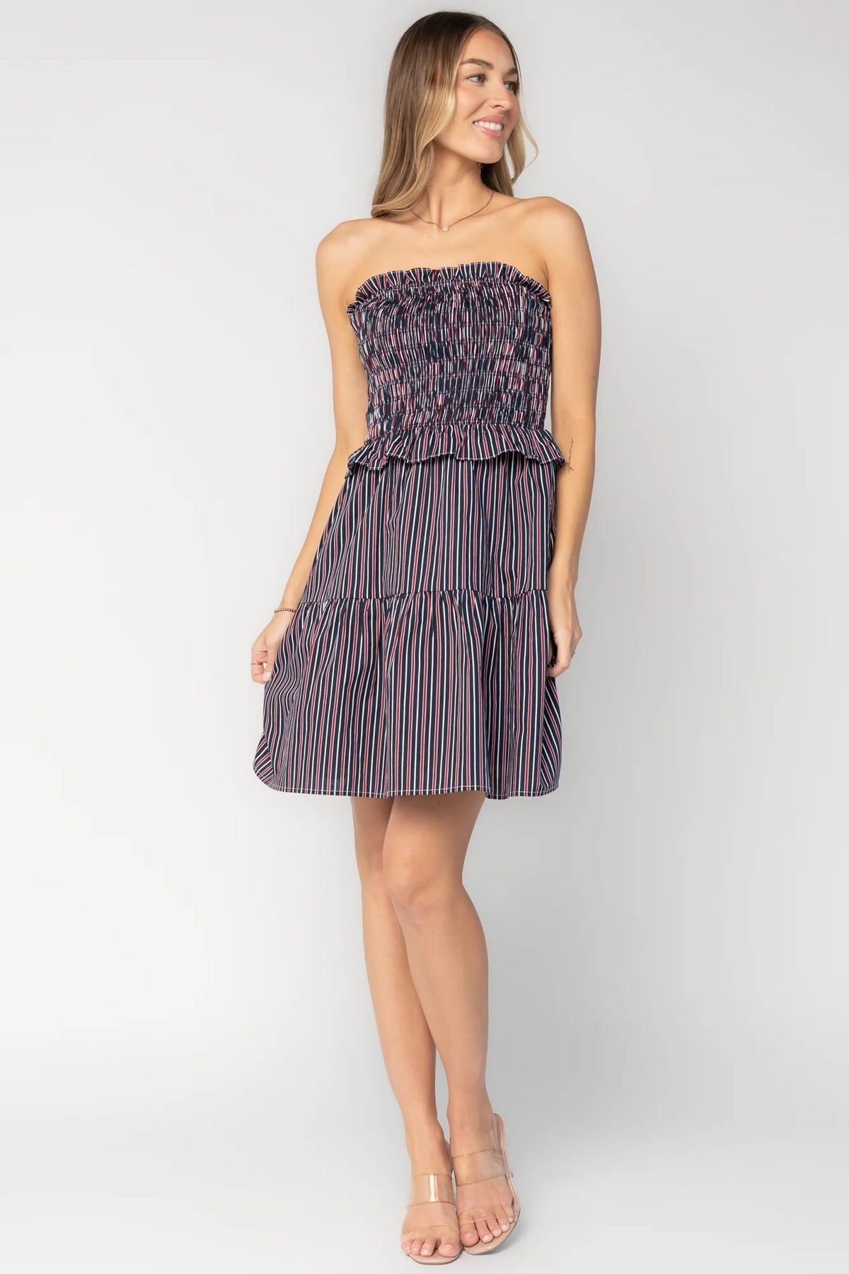 Madelyn Strapless Short Dress | Navy Stripe