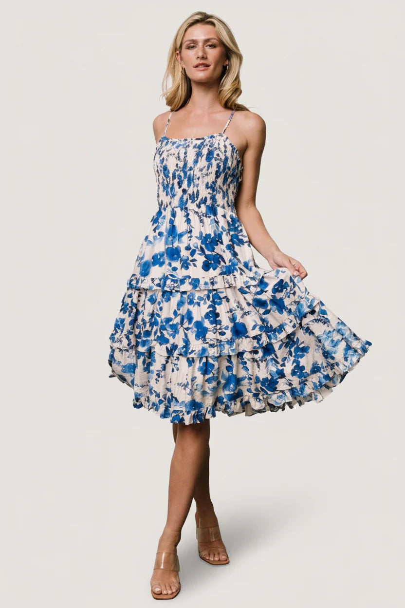 Calina Midi Dress | Ivory + Blue Floral