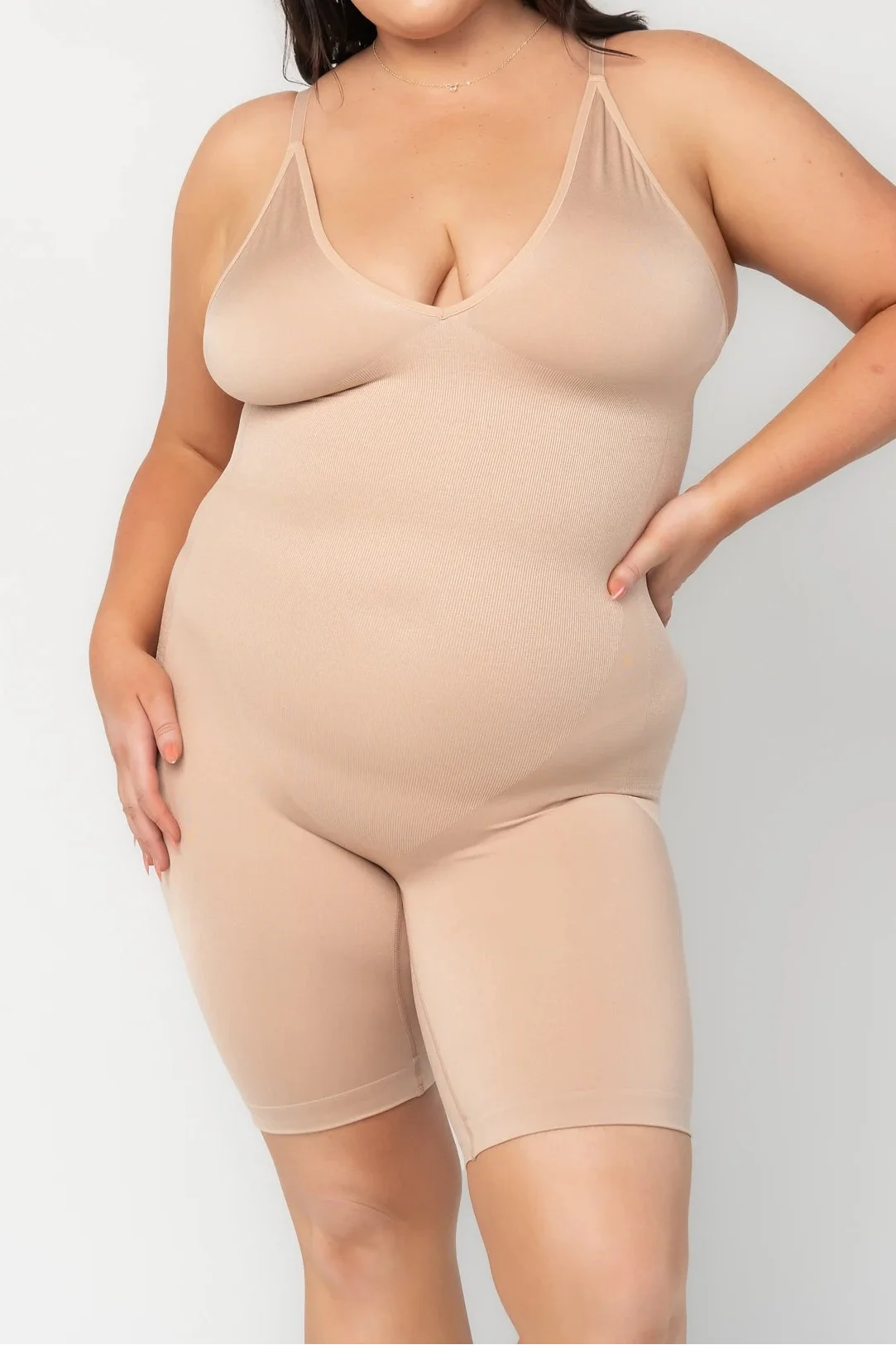 Essential Deep V Mid Thigh Bodysuit | Nude