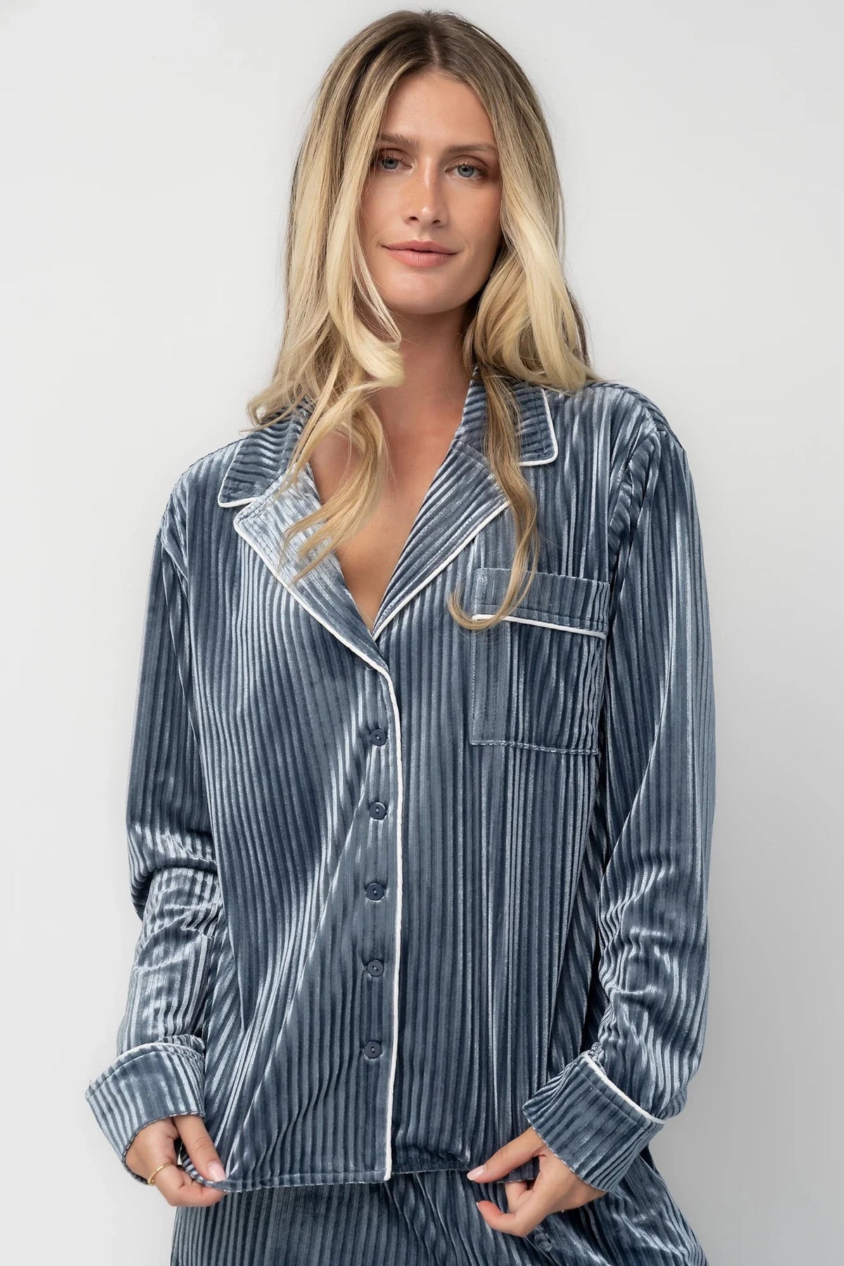 Klara Ribbed Velvet Pajama Set | Dusty Blue