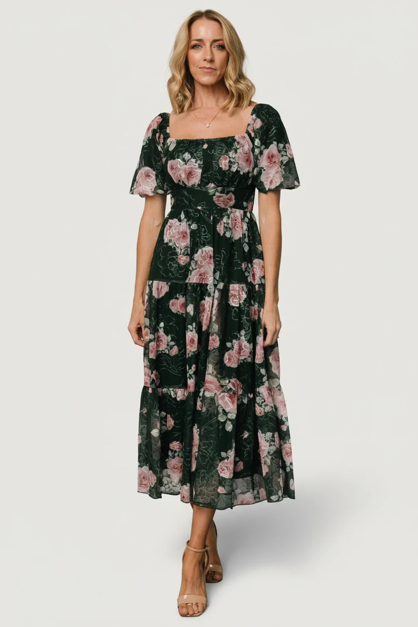 Annabeth Midi Dress | Dark Green + Pink