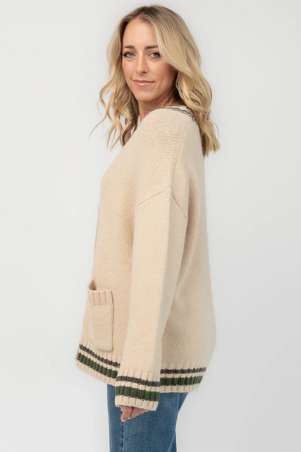 Roosevelt Button Up Cardigan | Oatmeal + Olive Stripe