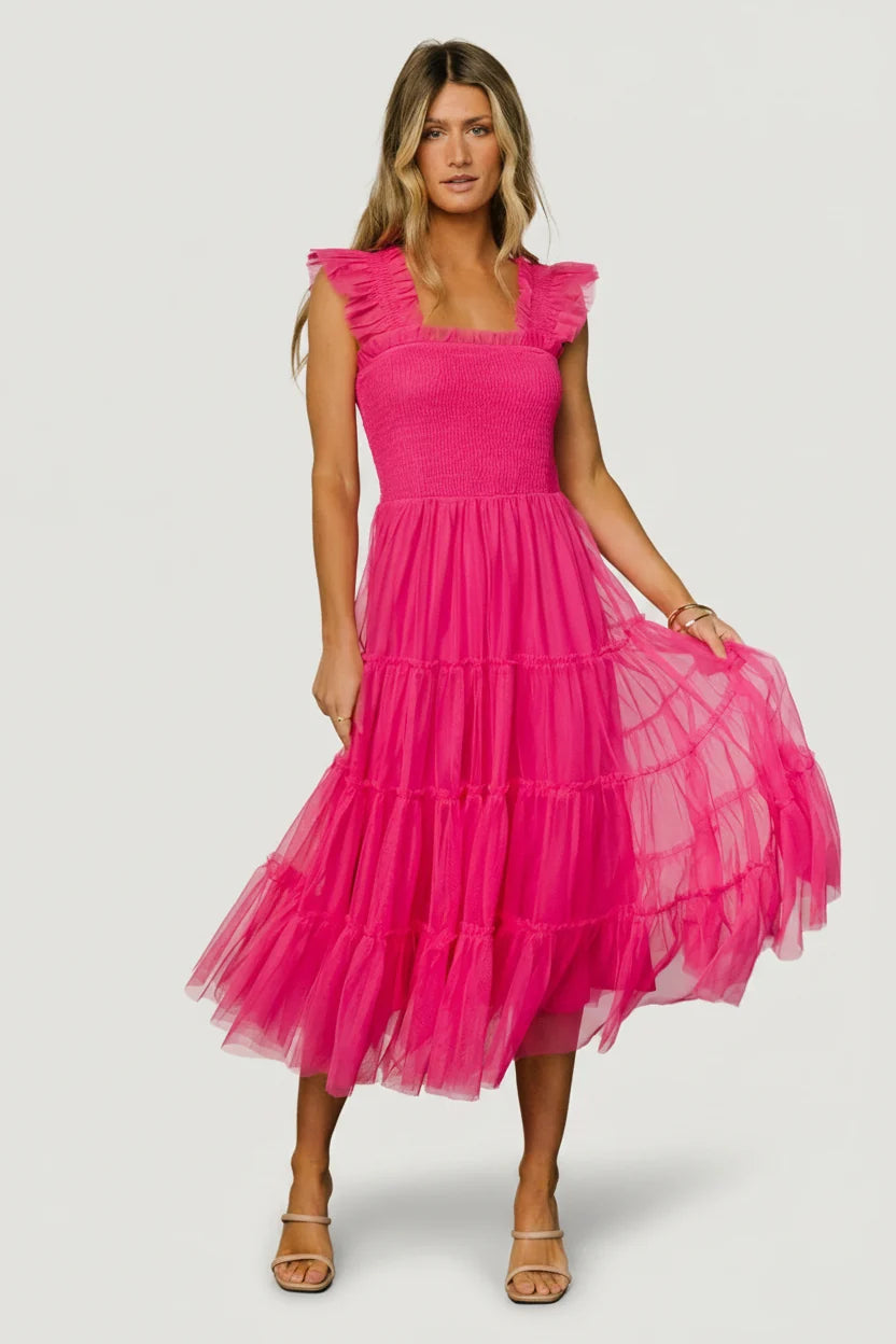 Emma Smocked Tulle Dress | Hot Pink