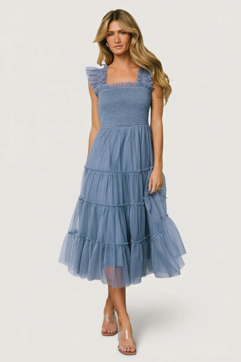 Emma Smocked Tulle Dress | Slate Blue