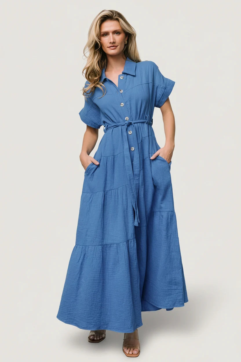 Aizey Button Up Maxi Dress | Blue