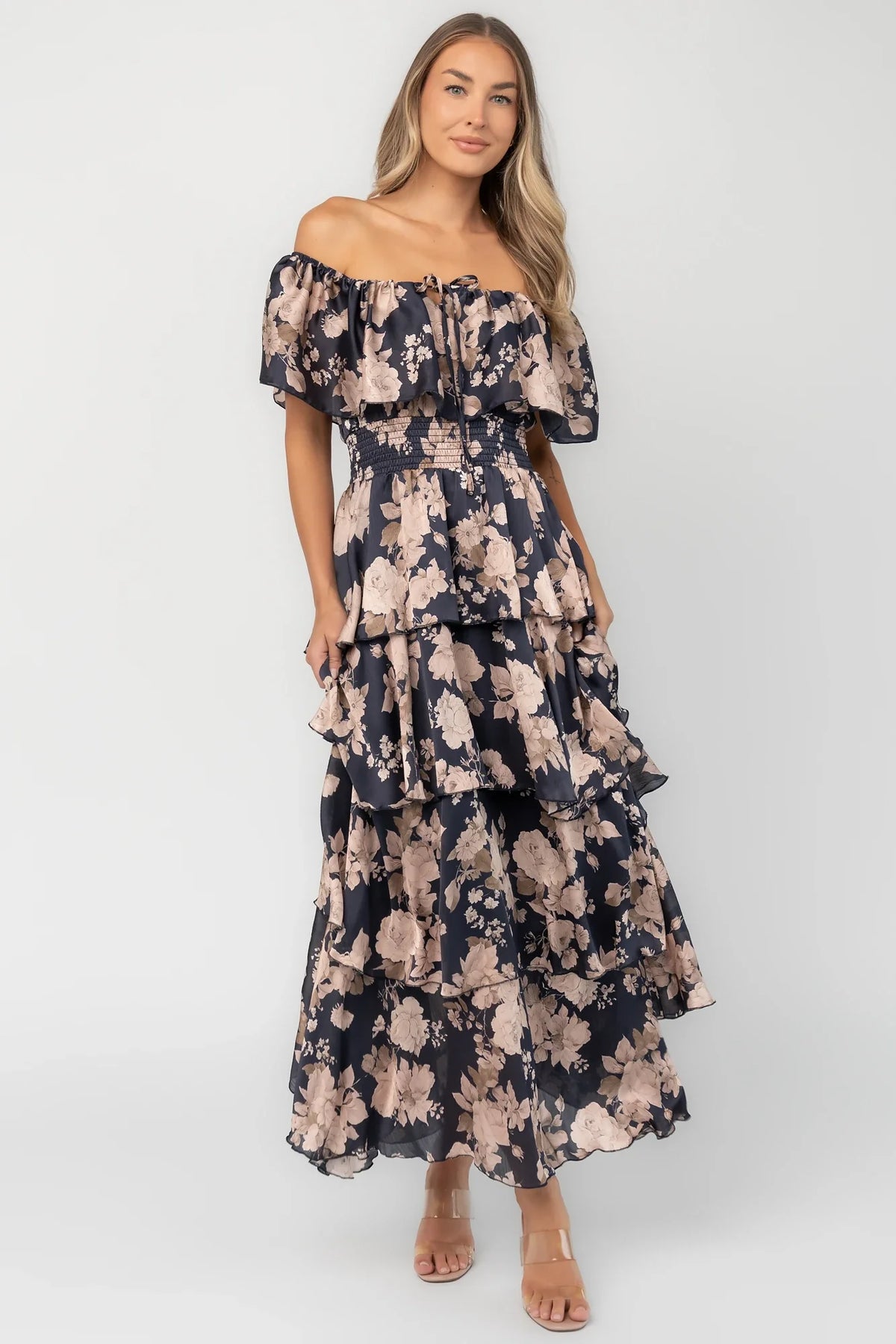 Isabelle Off Shoulder Maxi Dress | Navy + Taupe Floral