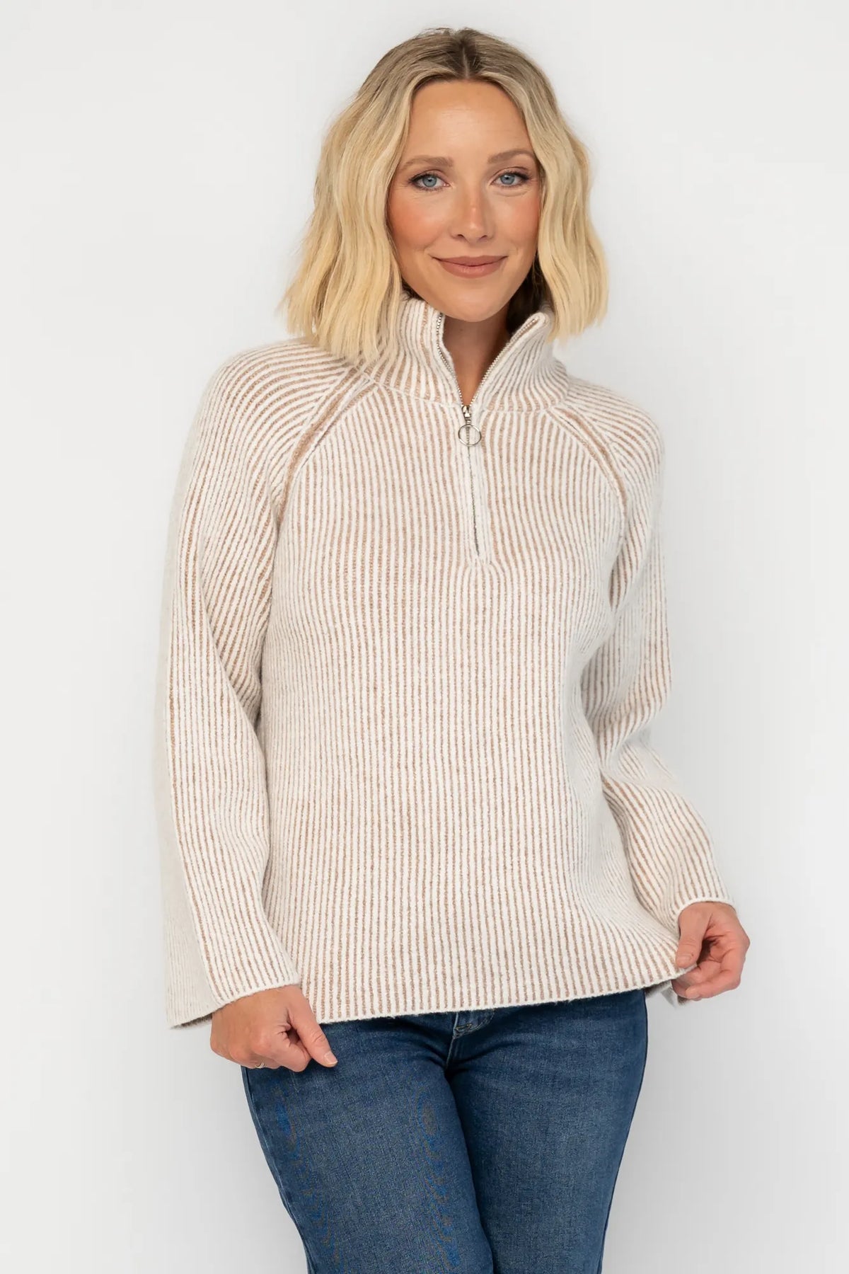 Arlington Half Zip Sweater | Beige Stripe