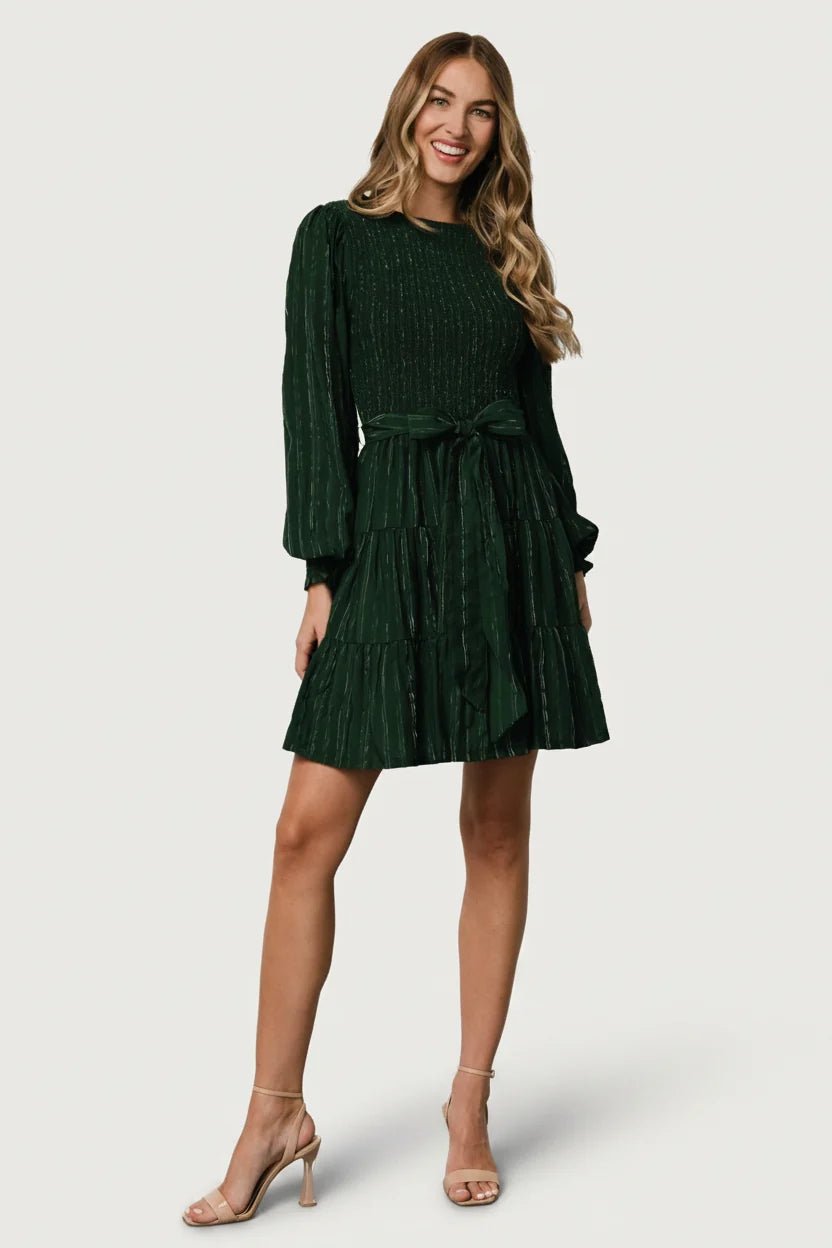 Ivey Smocked Short Dress | Dark Green + Silver