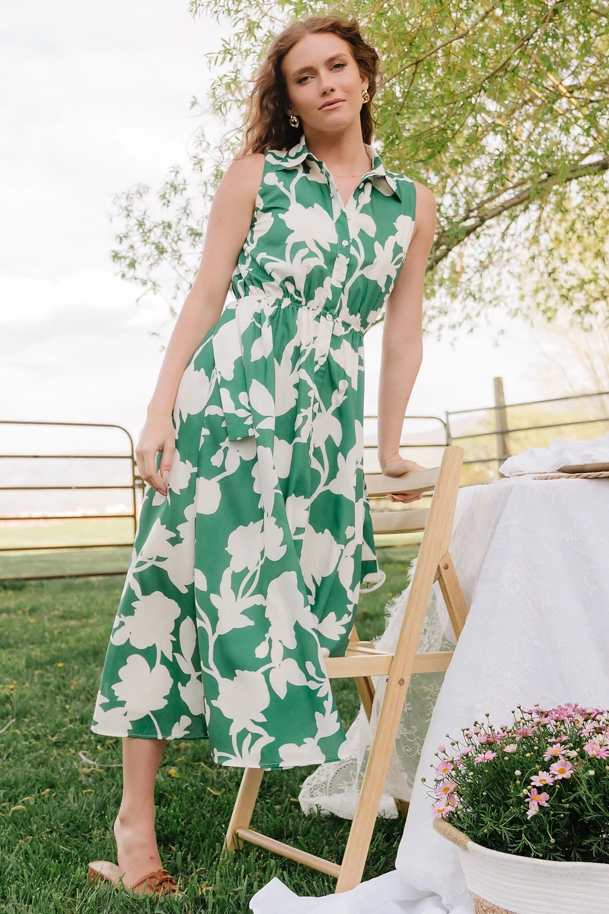 Tatum Button Down Dress | Green + Off White