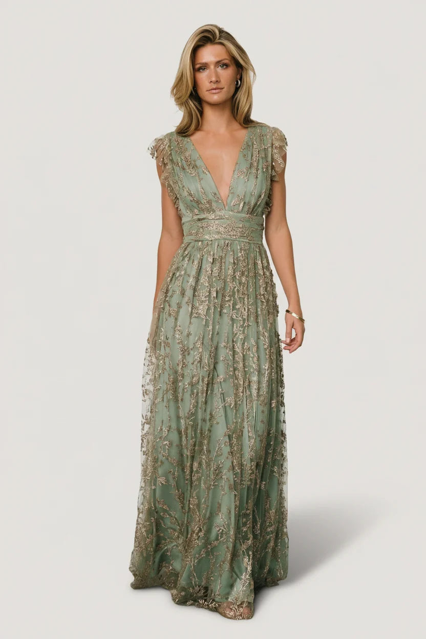 Arlene Shimmer Gown | Sage + Gold