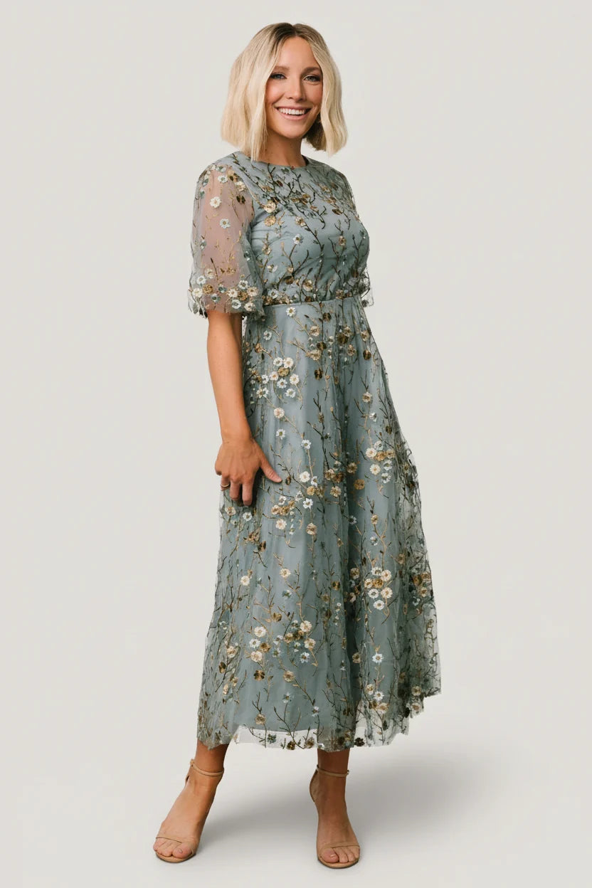 Arabella Embroidered Tulle Maxi Dress | Dusty Blue Floral