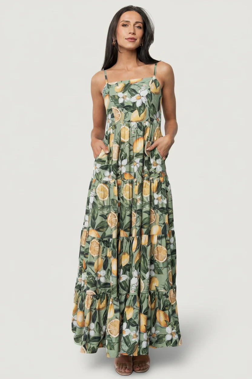 Silvia Tiered Maxi Dress | Sage Lemon Print
