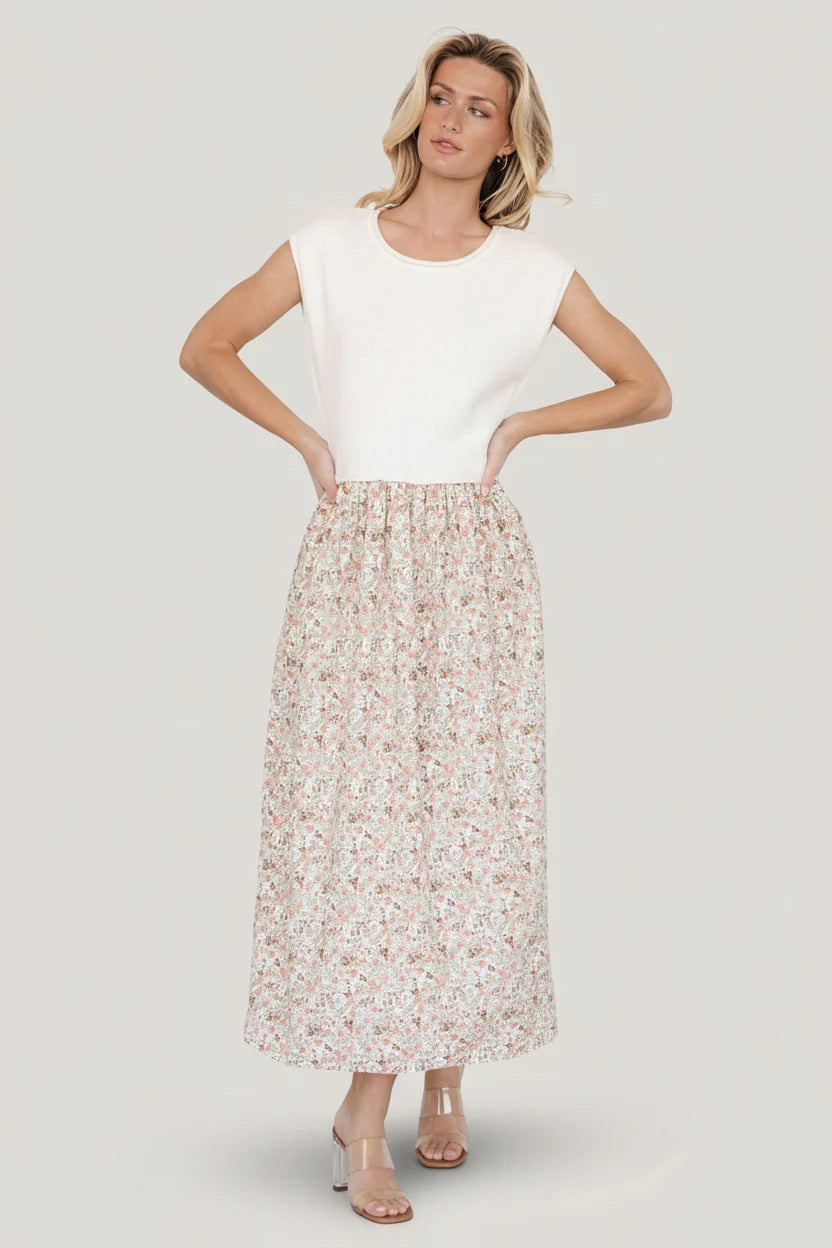 Myra Sweater Dress | Ivory + Coral Floral