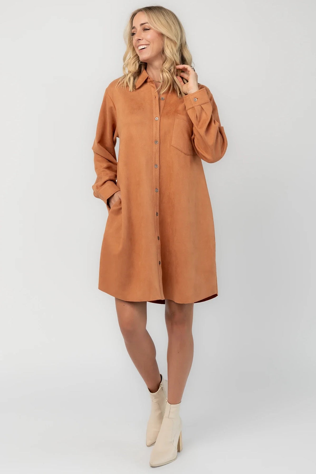Owen Faux Suede Shirt Dress | Camel