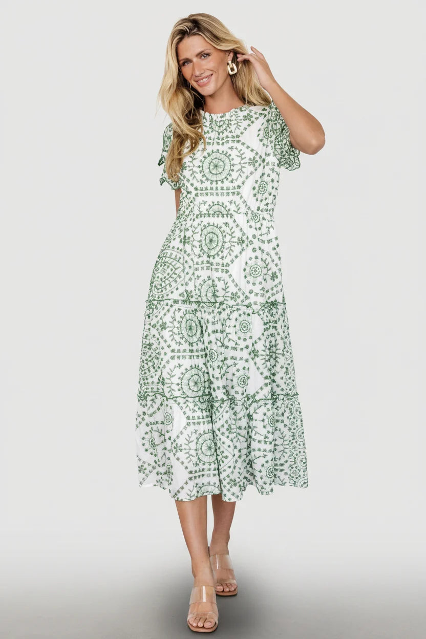 Mirabel Eyelet Midi Dress | White + Green