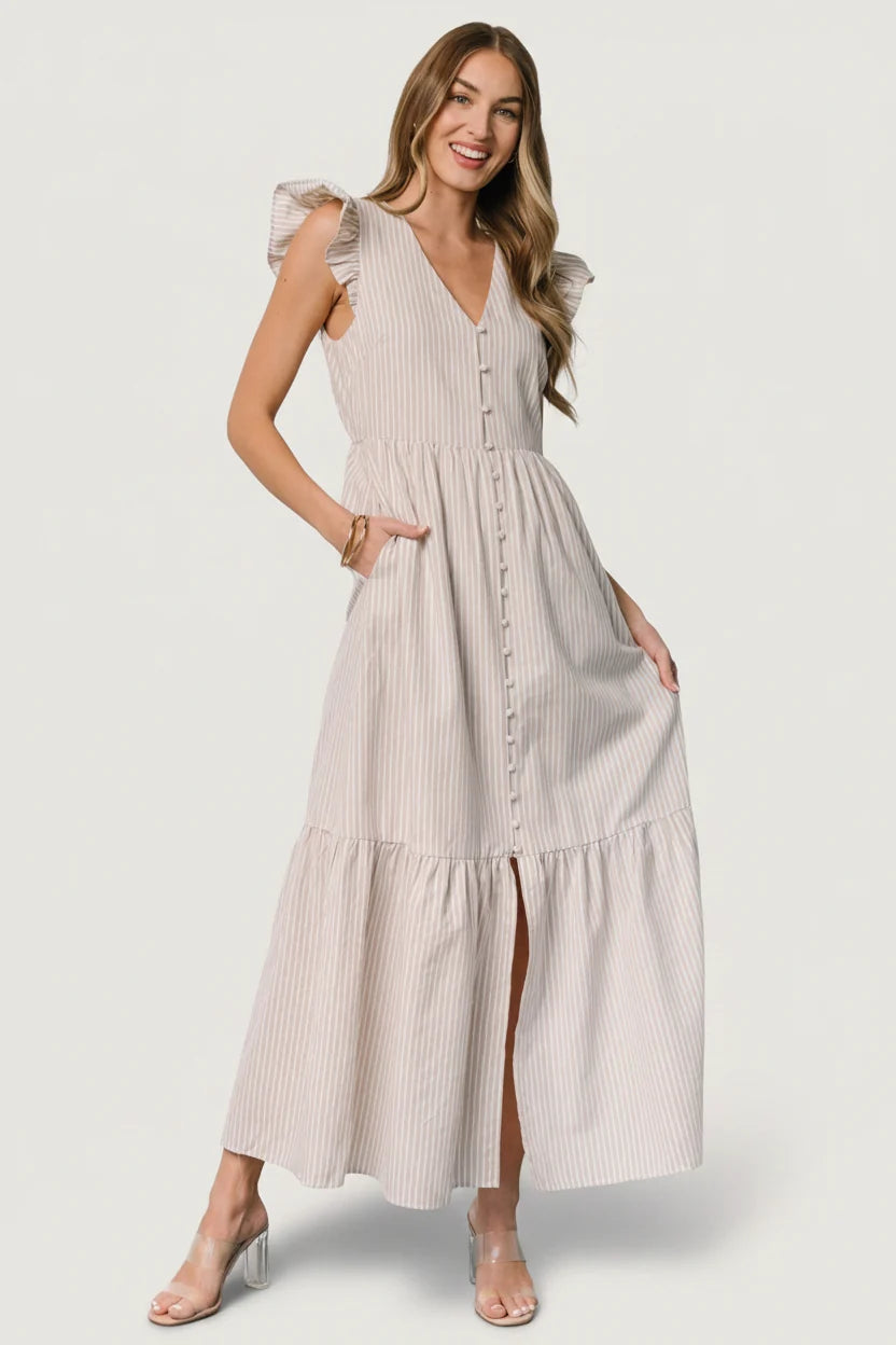 Hettie Button Maxi Dress | Beige Stripe