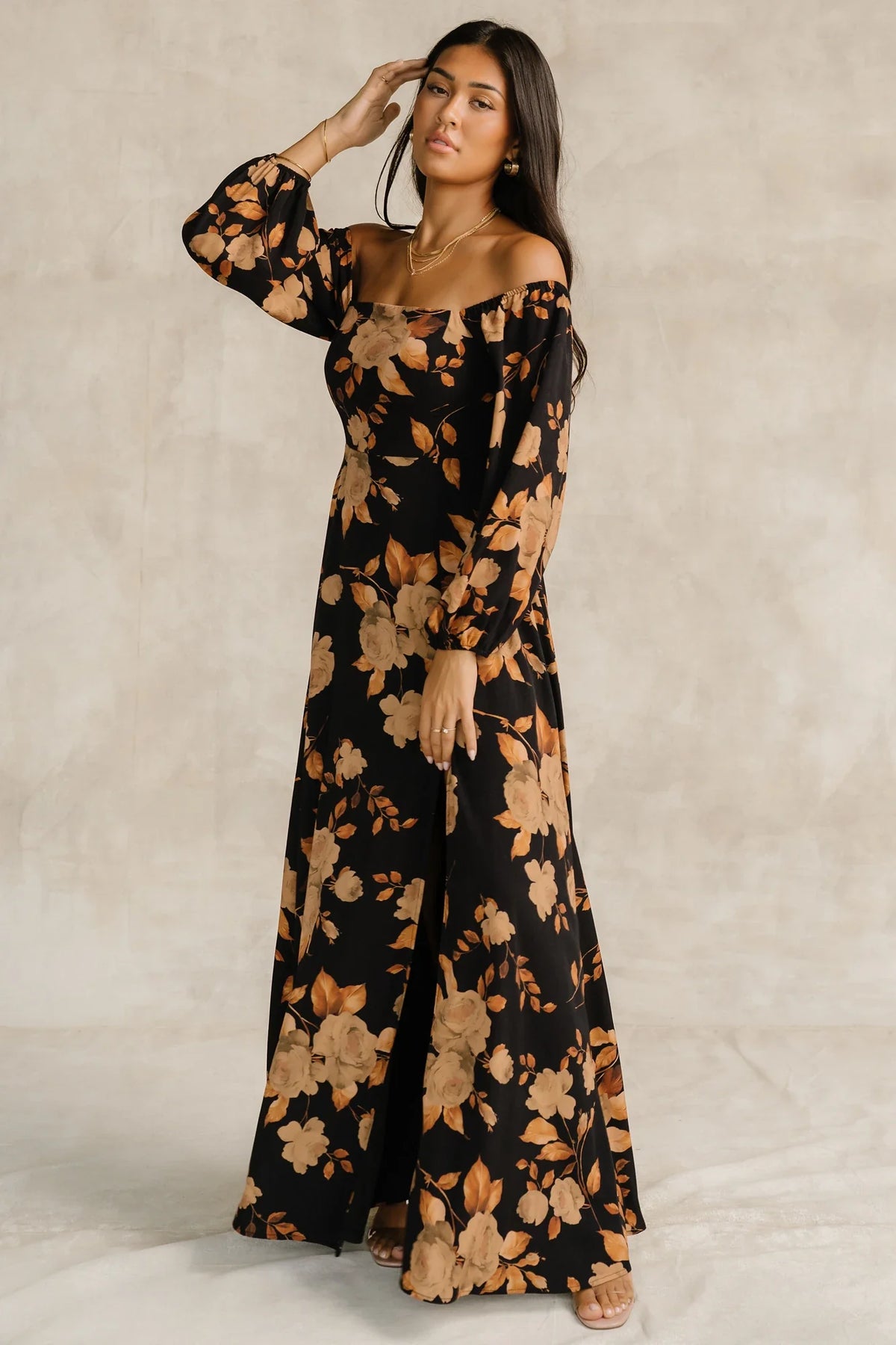 Cordelia Off Shoulder Maxi Dress | Black + Gold Floral